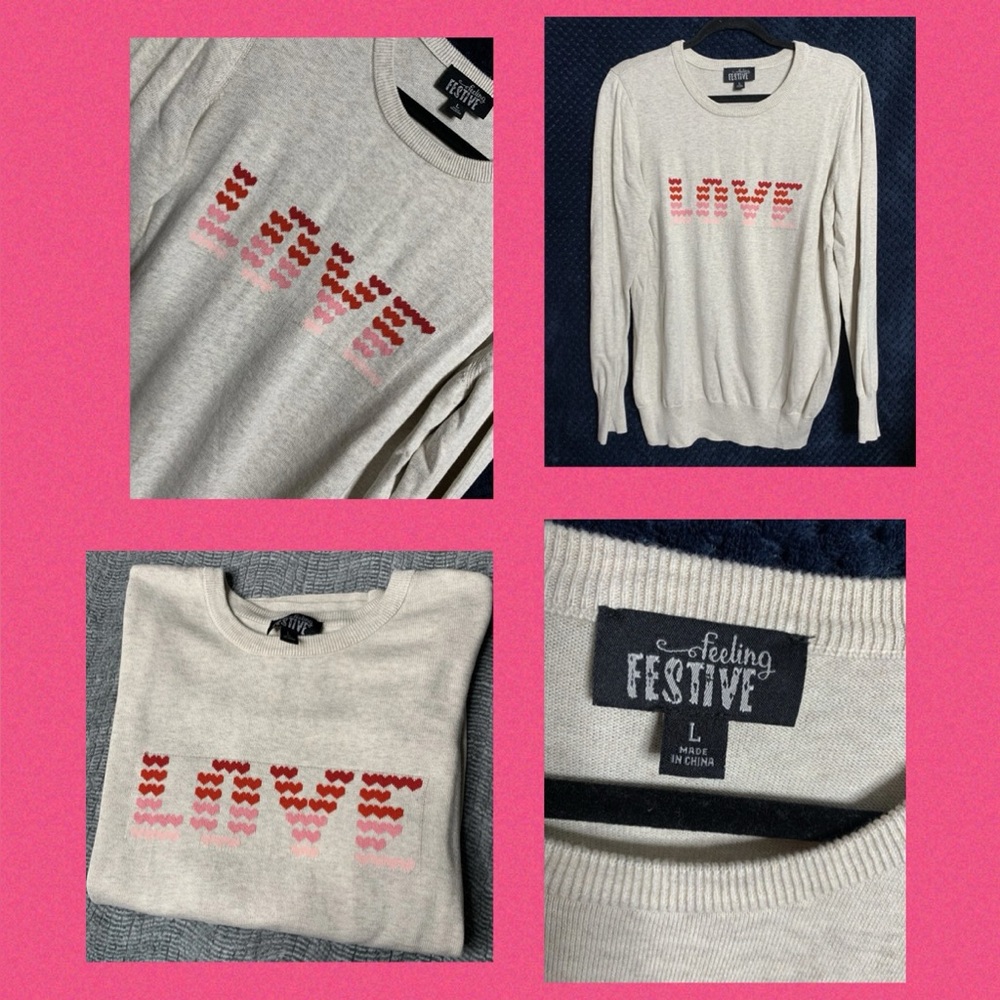 3/$20 Feeling Festive Sweater with Pink LOVE Design LARGE